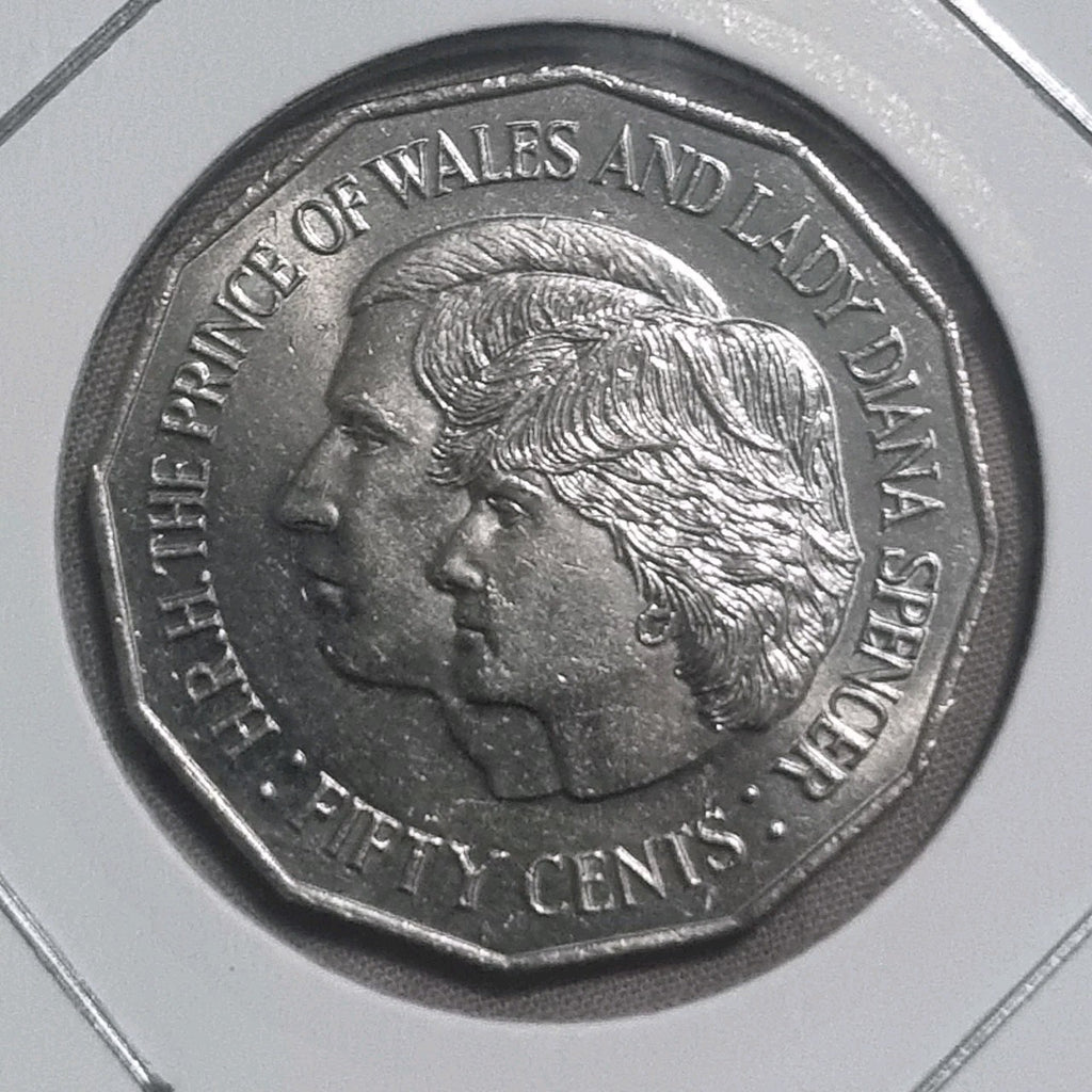 1981 UNC Fifty Cent 50c Coin Princess Diana and Prince Charles in 2x2 Holder 