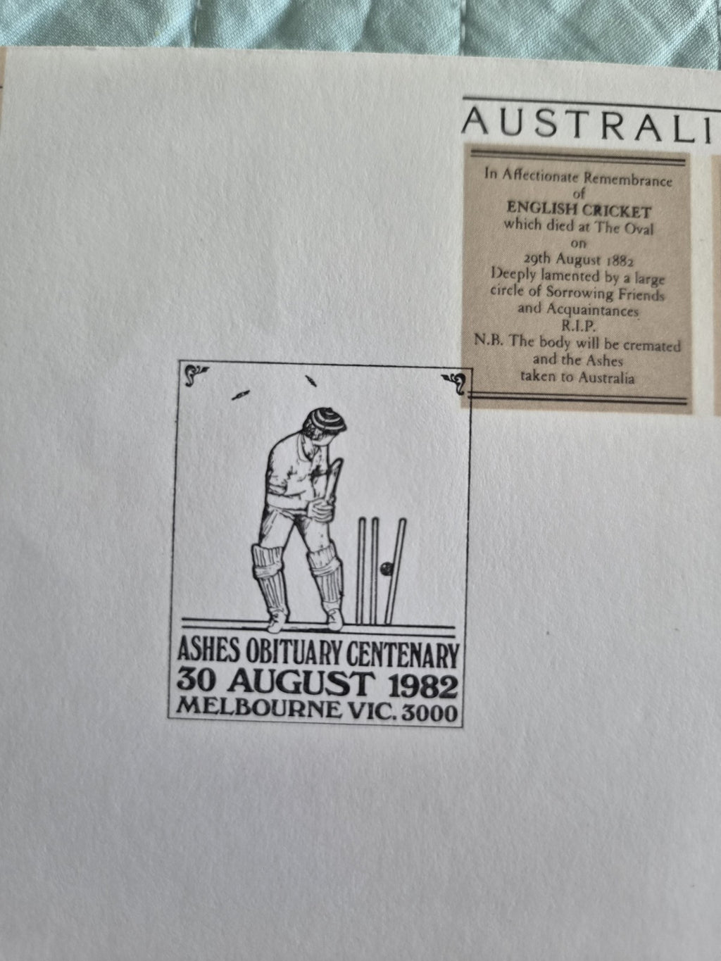 1982 Centenary Of The Ashes Cricket Cover Ashes FDC