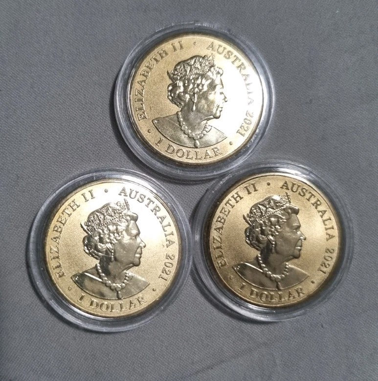 3 x 2021 $1 RSPCA Coloured Coins In Capsules - One Dollar Chicken Cat Dolphin 