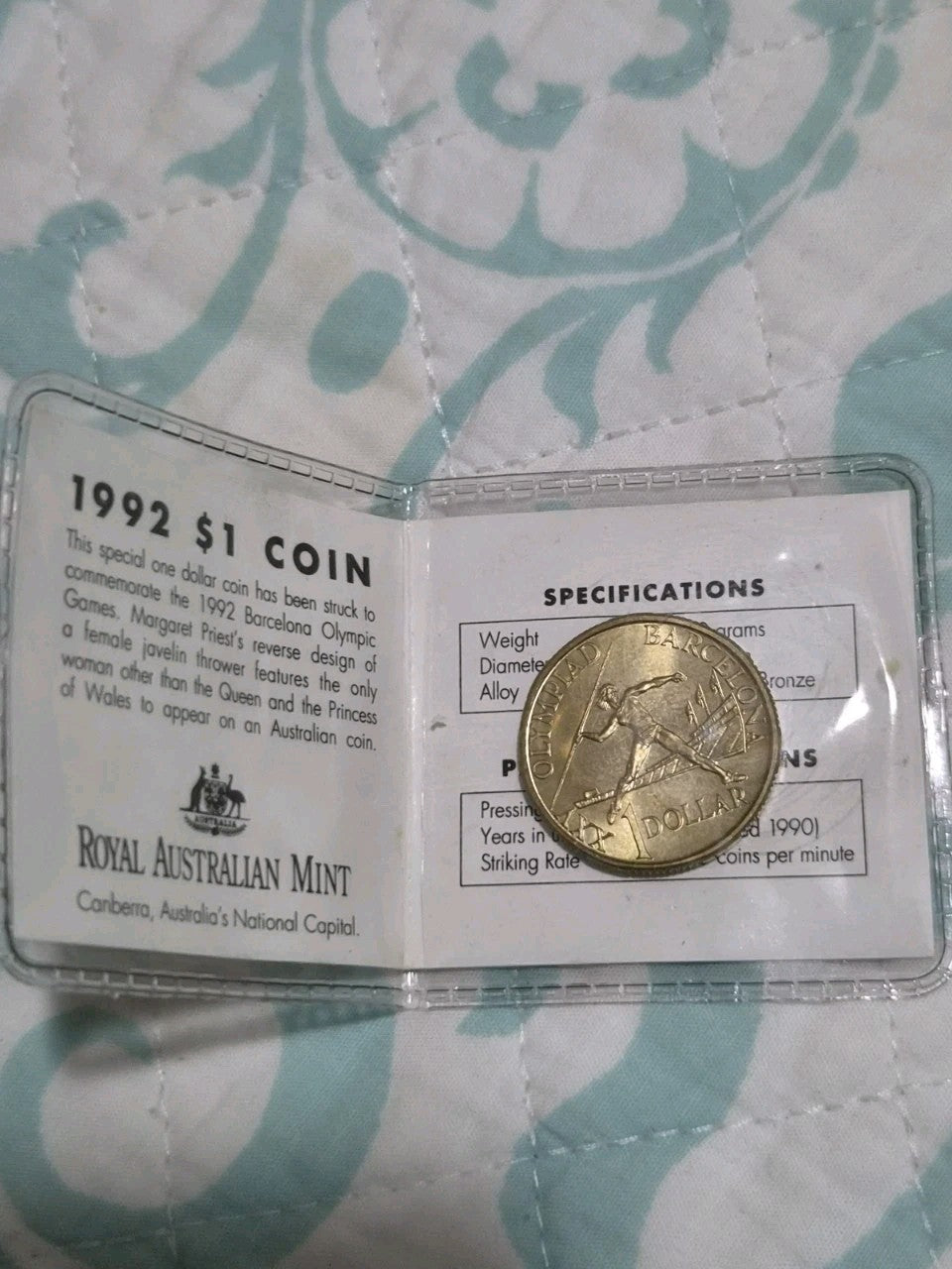 1992 UNC Barcelona Olympics One Dollar Coin In RAM Flip 