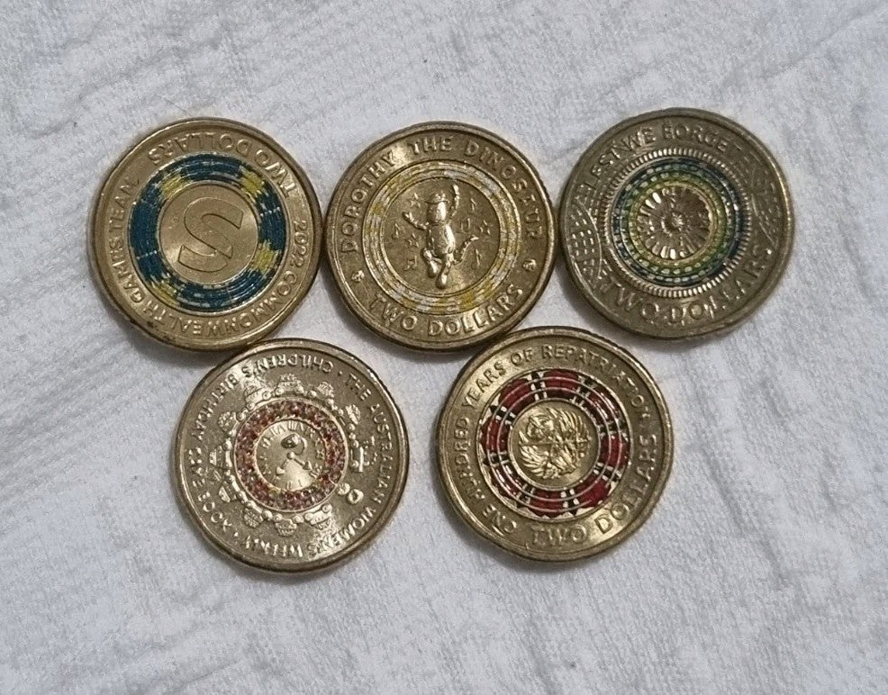 5 x Different Two Dollar Coloured Coins