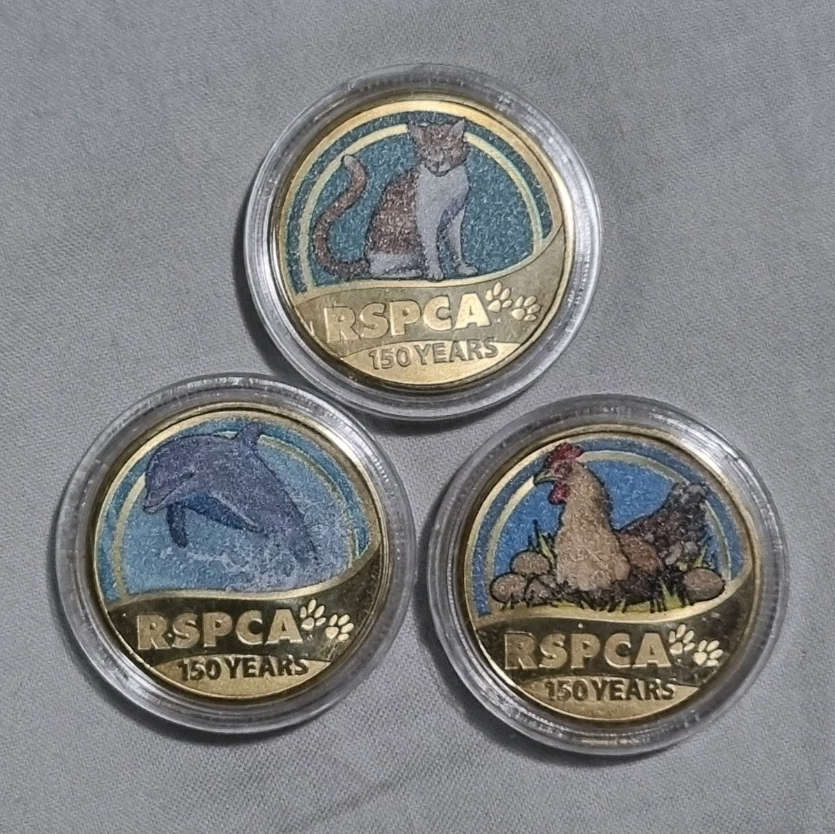 3 x 2021 $1 RSPCA Coloured Coins In Capsules - One Dollar Chicken Cat Dolphin 