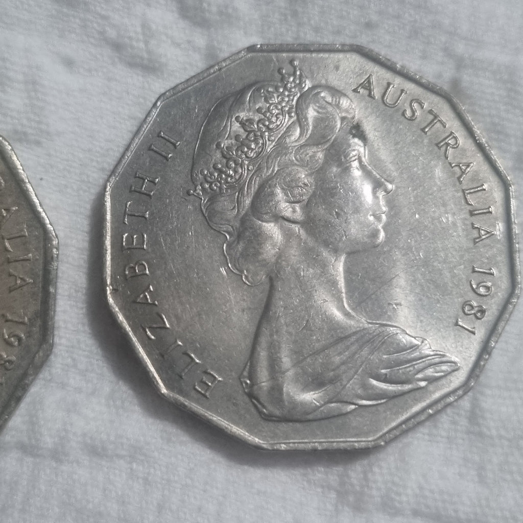 2 x 1981 Fifty Cent Coins - Princess Diana and Prince Charles & Coat Of Arms 50 
