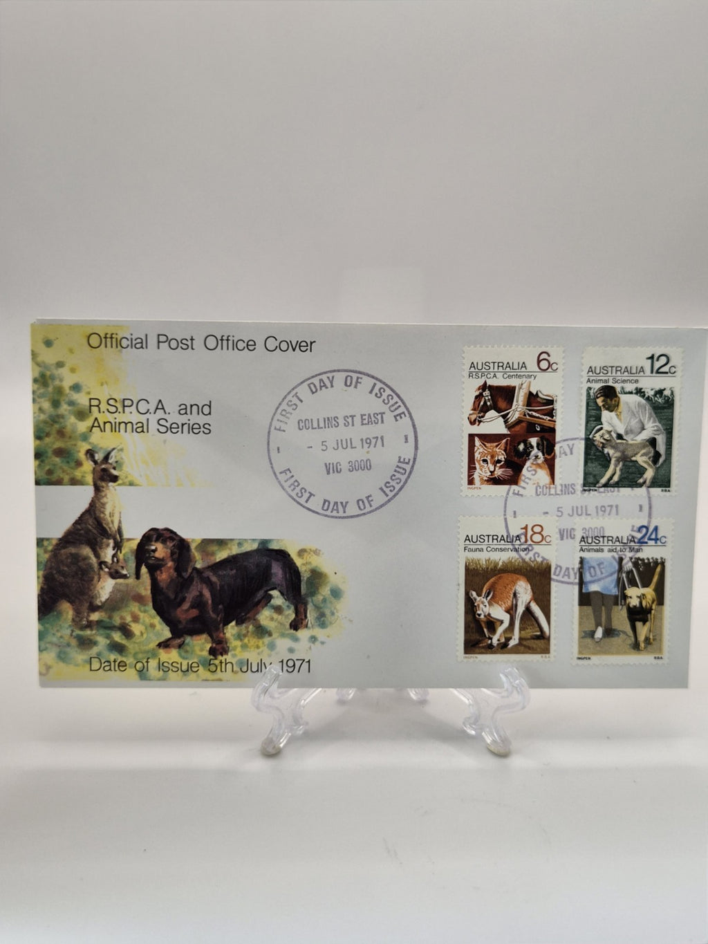 1971 RSPCA Set Of 4 - Cat, Dogs, Kangaroo, Lamb FDC Australia First Day Cover 