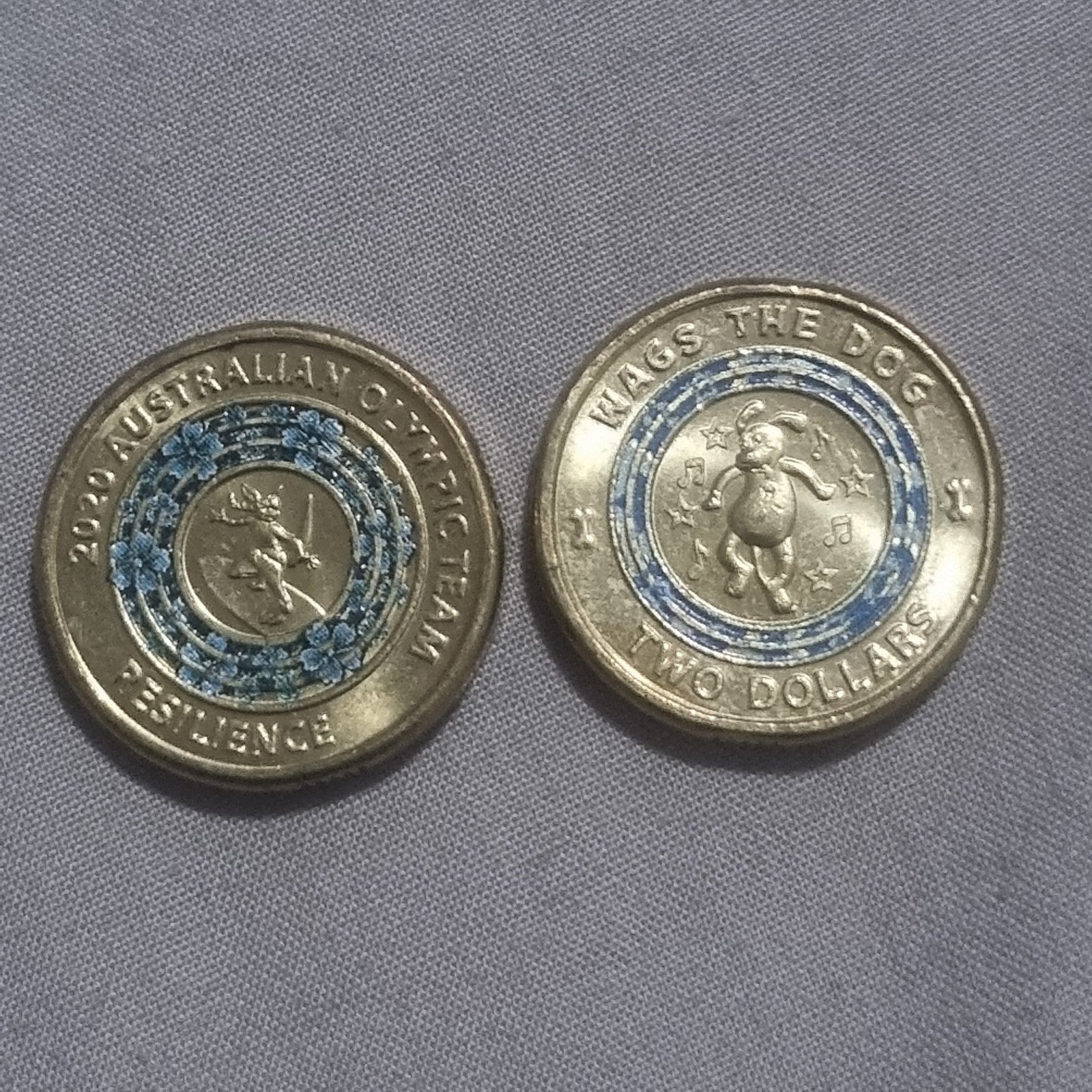 2 x Blue Two Dollar Coloured Coins - 2021 Wiggles & 2020 Olympic Games Coin 