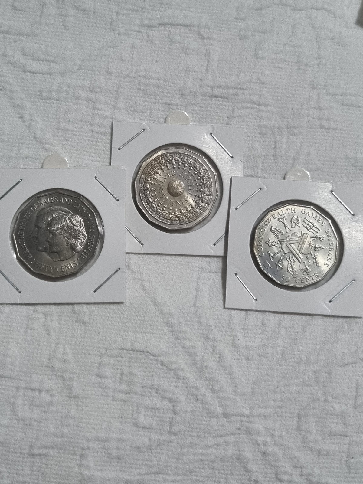 3 x 50 Cent Coins - 1977 , 1981 , 1982 In 2x2 Holders For Protection 