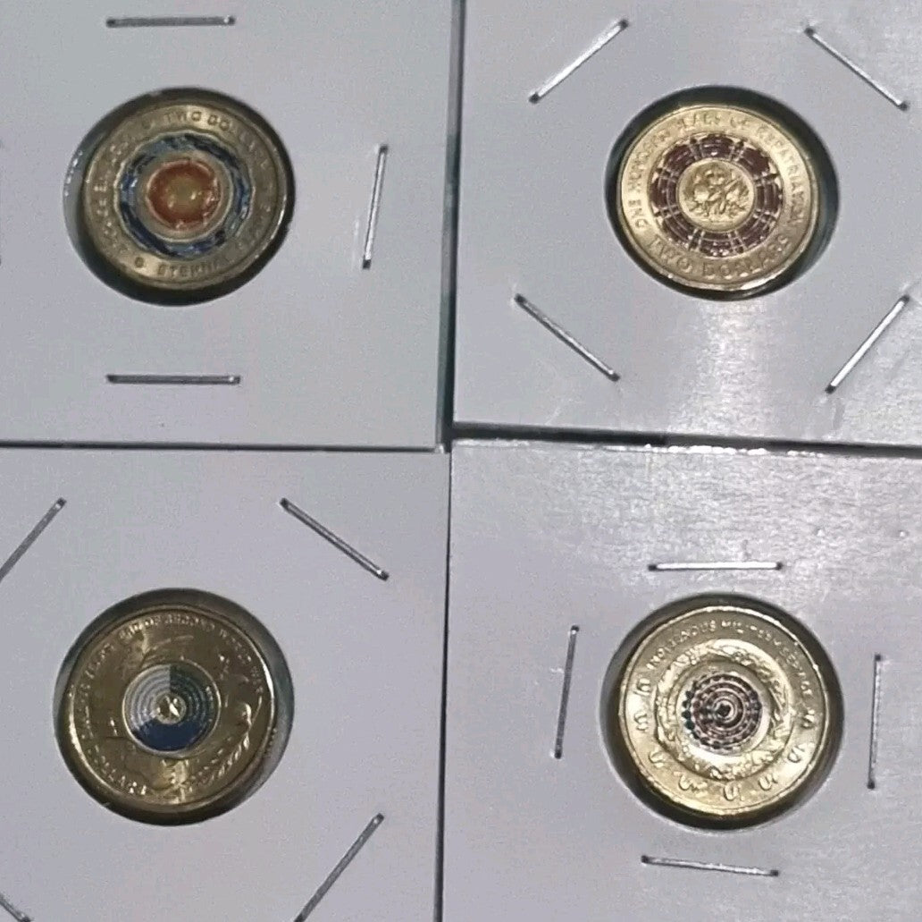 2018-2021 ; 4 x UNC ANZAC Themed $2 Two Dollar Coloured Coins In 2x2 Holders