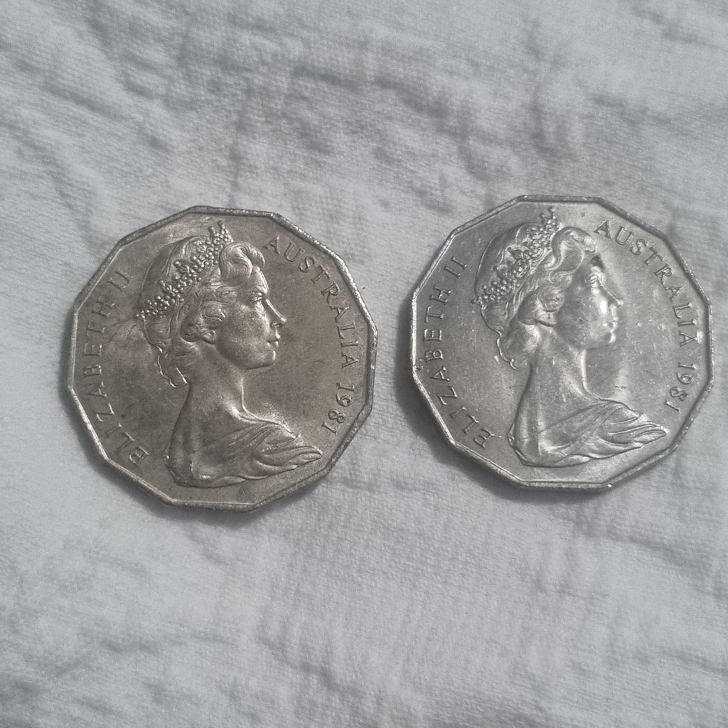 2 x 1981 Fifty Cent Coins - Princess Diana and Prince Charles & Coat Of Arms 50 