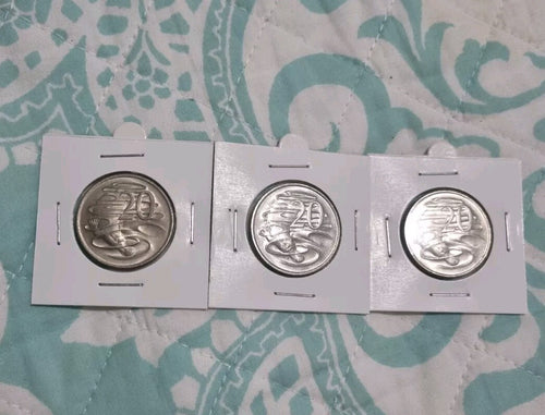 1980 , 1981 & 1982 Uncirculated 20 Cent Australian Platypus Coins in 2x2 Holder 