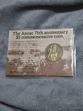 1990 $5 ANZAC 75th Anniversary Carded Coin - Five Dollars 