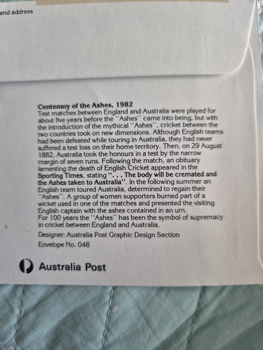 1982 Centenary Of The Ashes Cricket Cover Ashes FDC