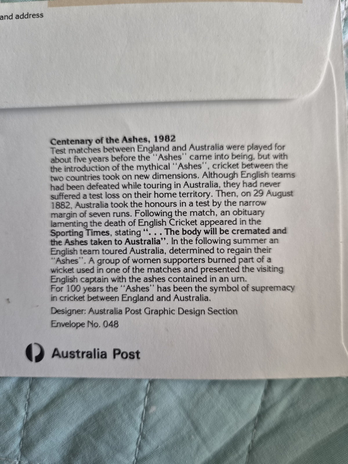 1982 Centenary Of The Ashes Cricket Cover Ashes FDC