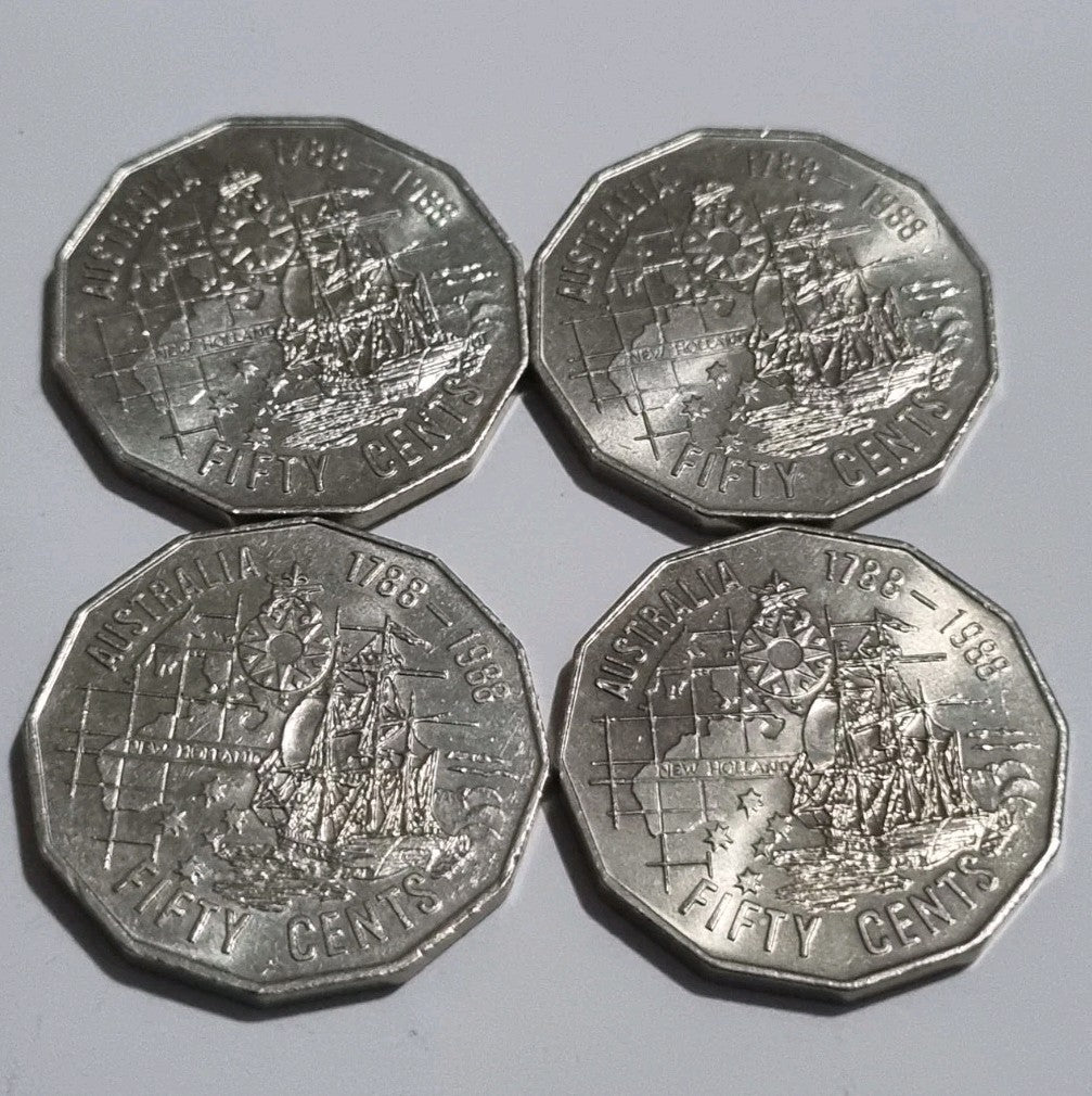 4 x 1988 - 50 Cent Bicentennial Tall Ship Coin  - Stunning Uncirculated 