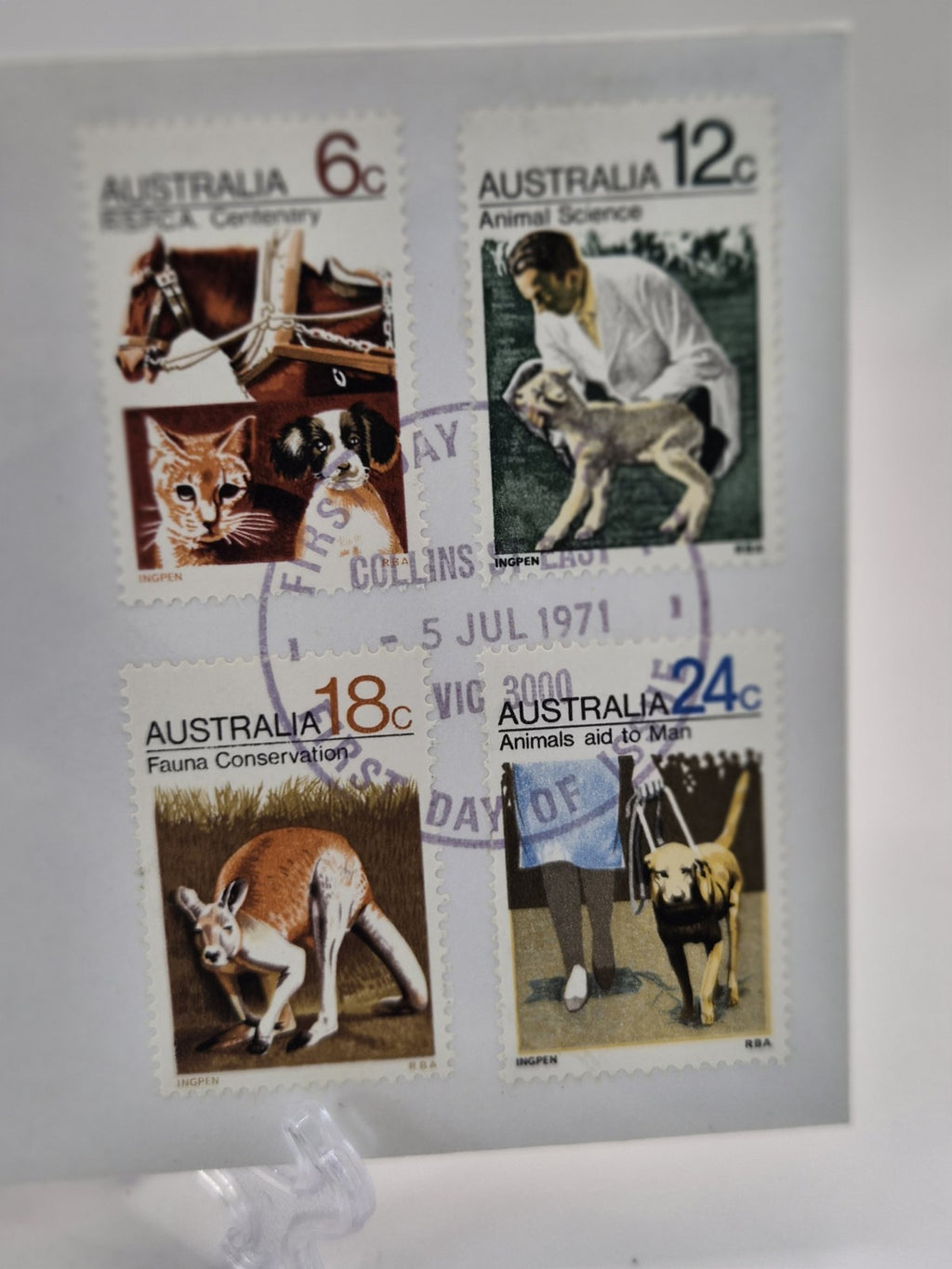 1971 RSPCA Set Of 4 - Cat, Dogs, Kangaroo, Lamb FDC Australia First Day Cover 