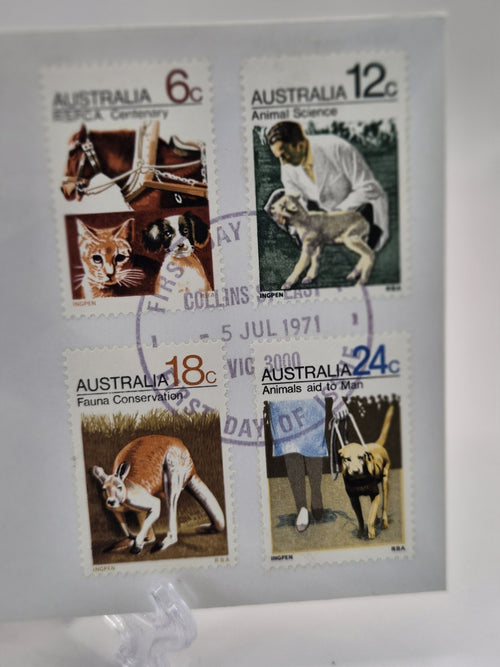 1971 RSPCA Set Of 4 - Cat, Dogs, Kangaroo, Lamb FDC Australia First Day Cover 