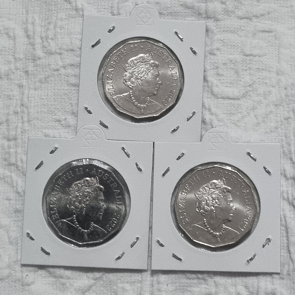 3 x Unc 50 Cent Coins , 2020 , 2021 & 2022 -  in 2x2 Holders