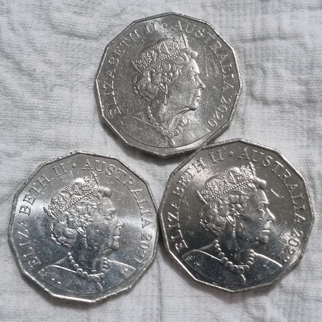 3 x 50 Cent Coins , 2020 , 2021 & 2022 -  Lightly Circulated in 2x2 Holders