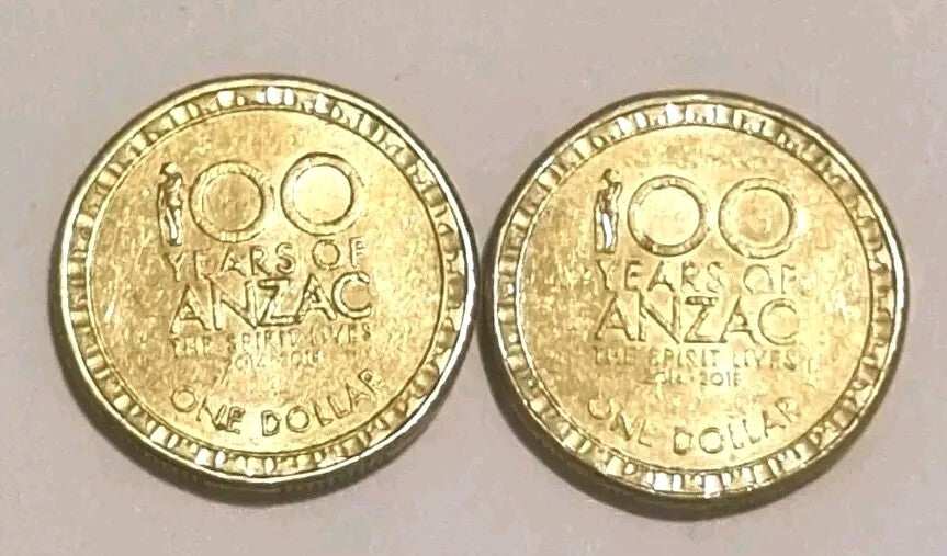 2 x 2014 1 DOLLAR COIN - $1 - 100 YEARS OF ANZACS - Circulated 