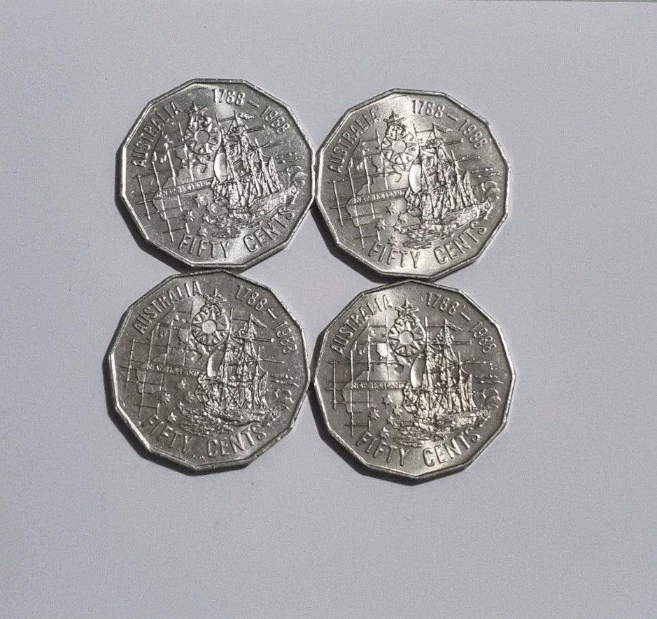 4 x 1988 - 50 Cent Bicentennial Tall Ship Coin  - Stunning Uncirculated 