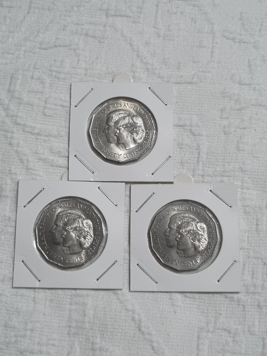 3 x 1981 UNC Fifty Cent 50c Coin Princess Diana and Prince Charles In 2x2 Holder