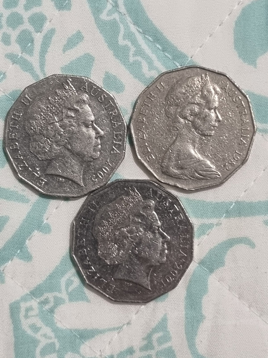 3 x 50 Cent Shiny Commemorative Coins - Circulated - 1982 , 2001 , 2005