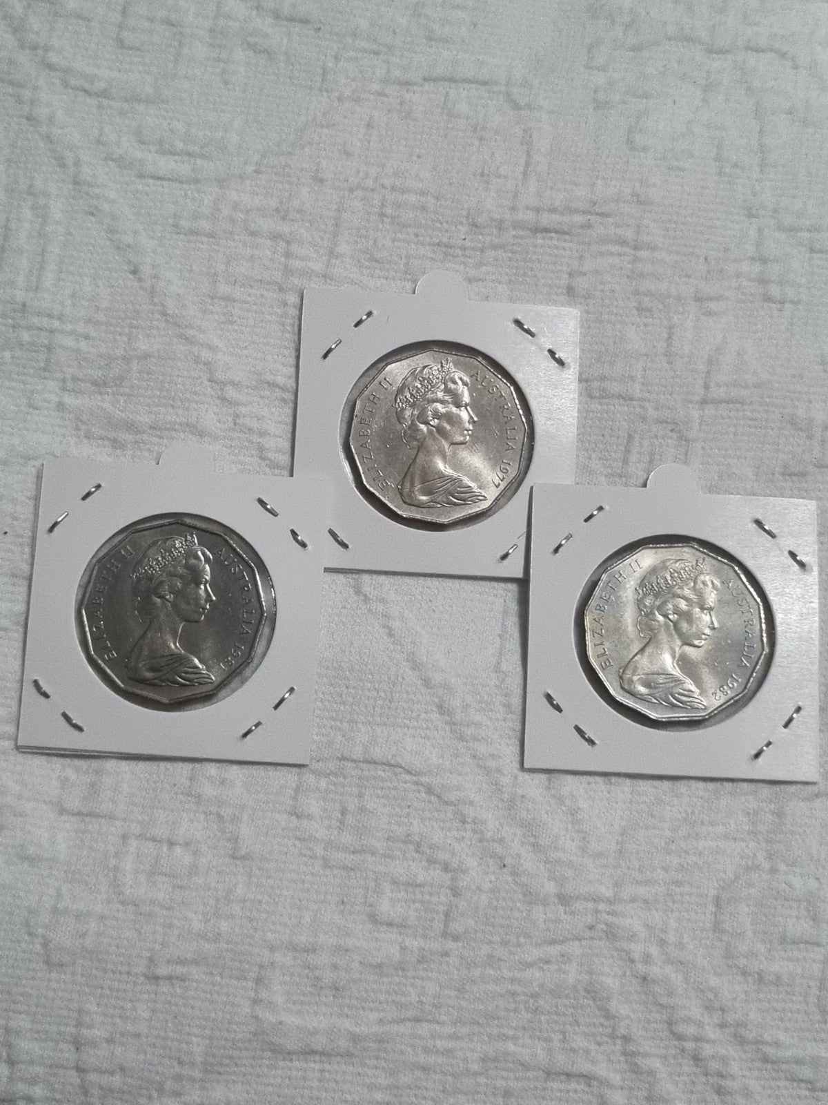 3 x 50 Cent Coins - 1977 , 1981 , 1982 In 2x2 Holders For Protection 