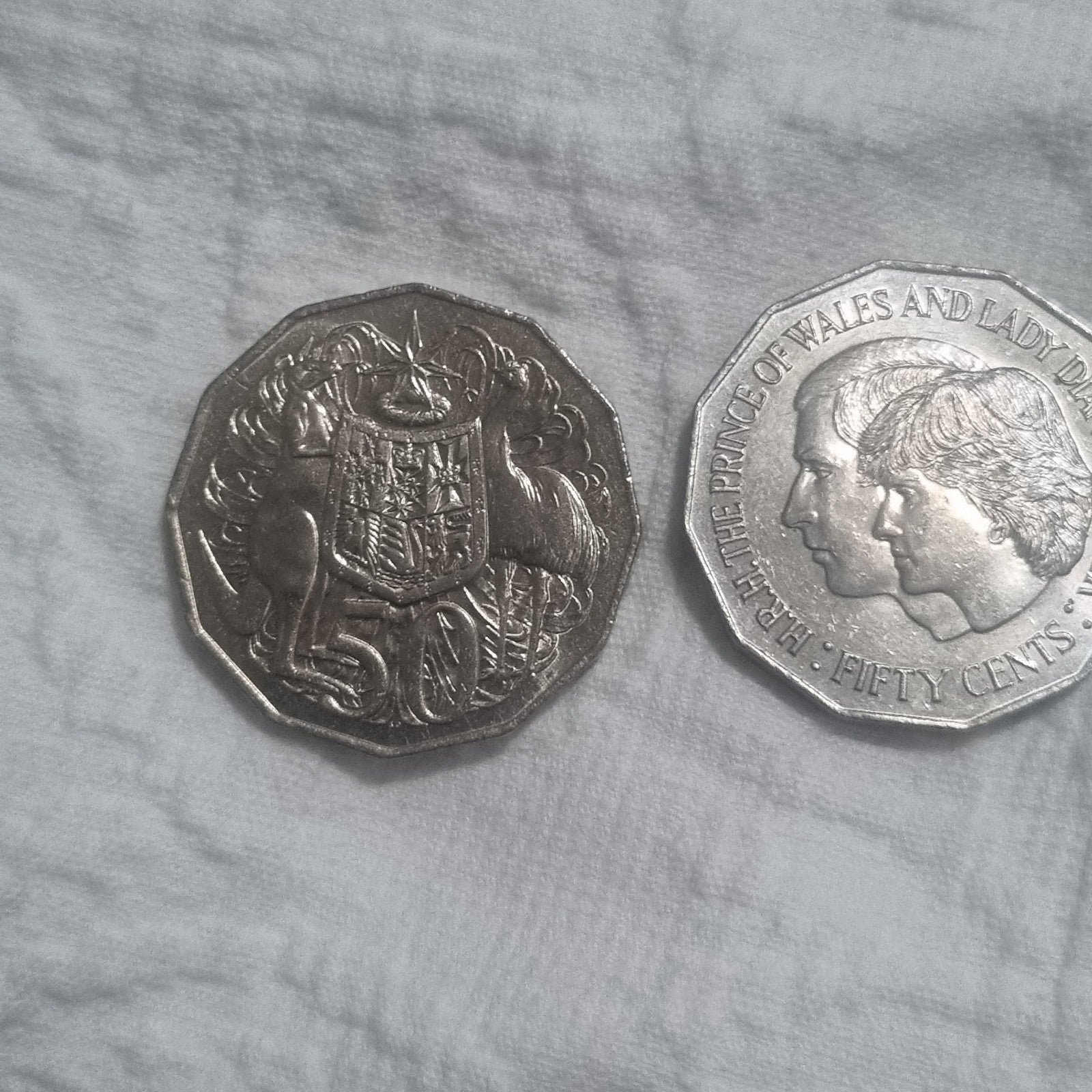 2 x 1981 Fifty Cent Coins - Princess Diana and Prince Charles & Coat Of Arms 50 